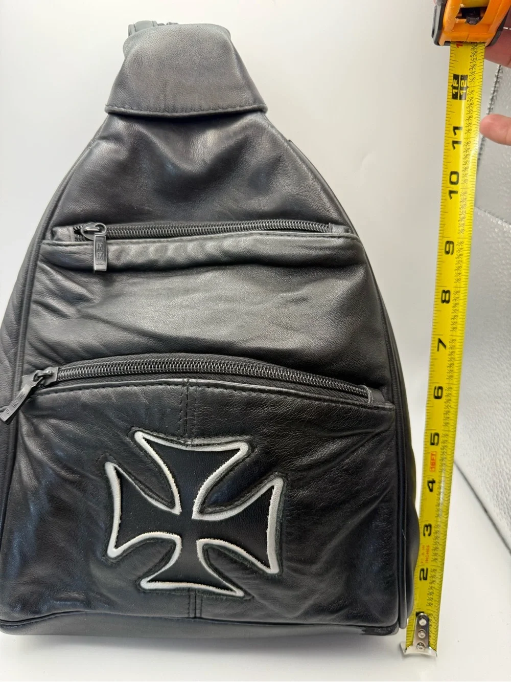Black Leather Cross Accent Sling Bag / Backpack
